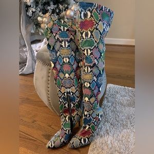 Shein— Multi Colored Snakeskin Over the Knee Boots